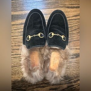 Black Gucci Princetown Velvet and Lamb Fur Mules EU 37.5